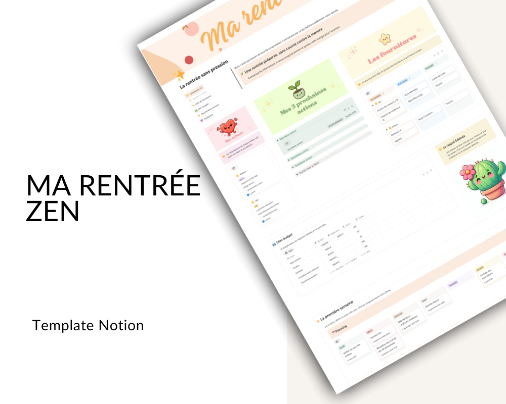 Aperçu du template Notion Ma Rentrée Zen — tableau de bord de préparation de rentrée